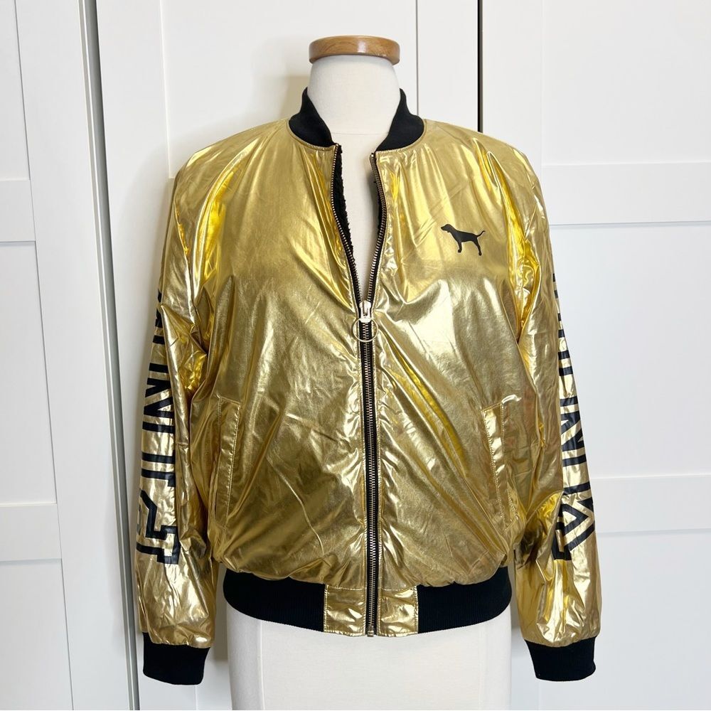 Victoria’s Secret PINK Sherpa Gold Metallic Bomber Jacket Small - Picture 2 of 6